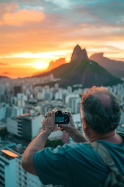 Free Photo portrait of middle-aged man taking photos with device for world photography day