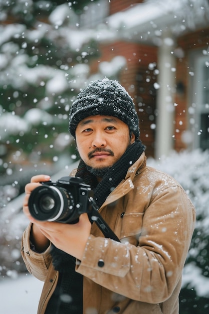 Free photo portrait of middle-aged man taking photos with device for world photography day