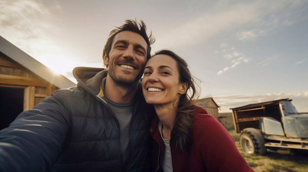 Portrait of millennial couple living in the country side after moving  from the city