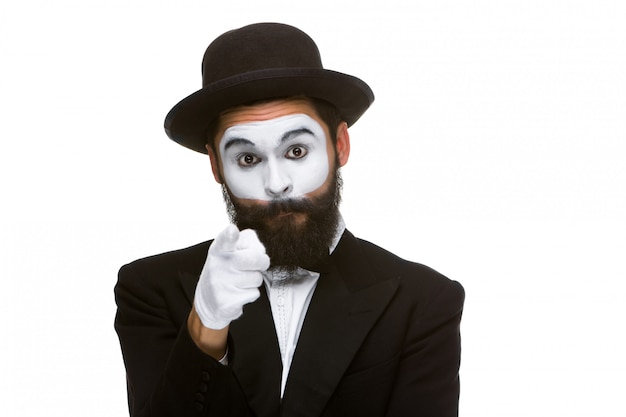 Portrait of mime with pointing finger