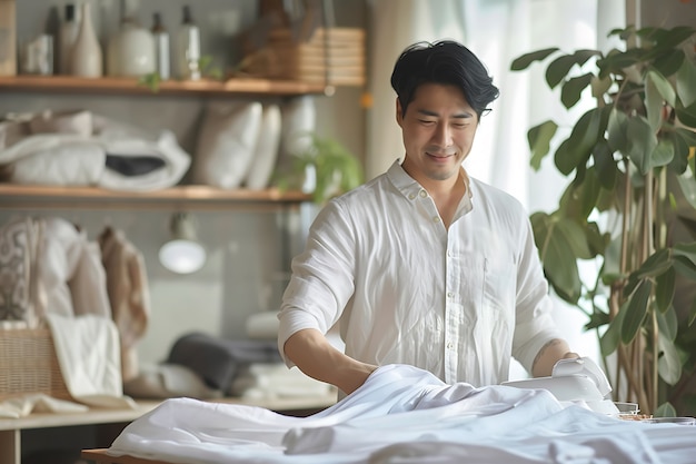 Portrait of modern man cleaning and doing household chores