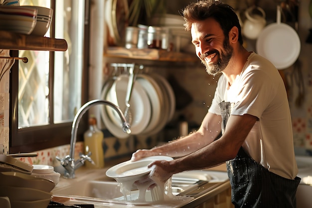 Free photo portrait of modern man cleaning and doing household chores