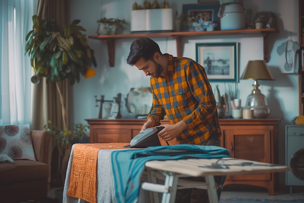 Free photo portrait of modern man cleaning and doing household chores