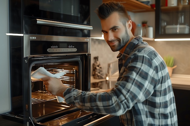 Portrait of modern man cleaning and doing household chores