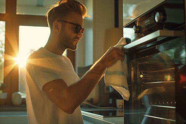 Portrait of modern man cleaning and doing household chores