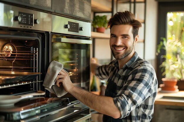 Portrait of modern man cleaning and doing household chores