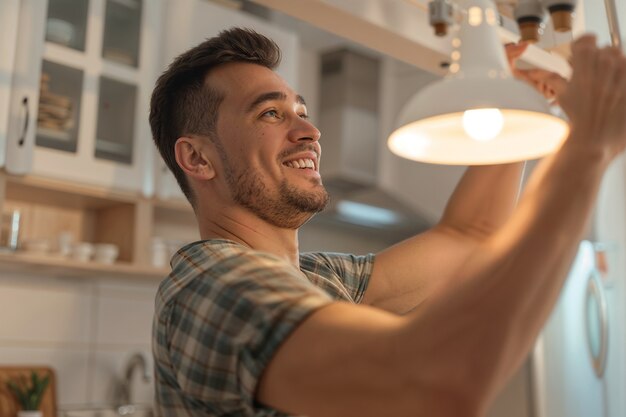 Portrait of modern man performing housework in a gentle and dreamy atmosphere