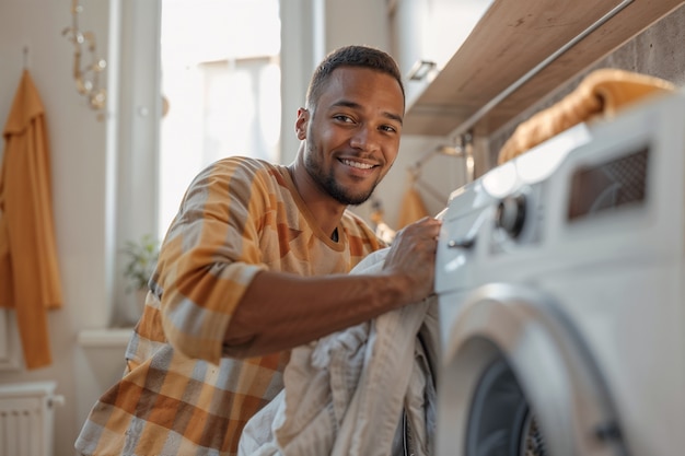 Portrait of modern man performing housework in a gentle and dreamy atmosphere