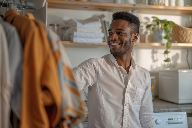 Free Photo portrait of modern man performing housework in a gentle and dreamy atmosphere