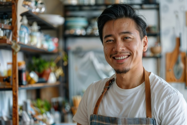 Free photo portrait of modern man performing housework in a gentle and dreamy atmosphere