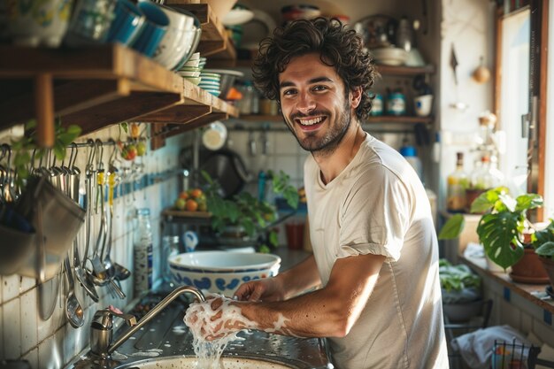 Portrait of modern man performing housework in a gentle and dreamy atmosphere