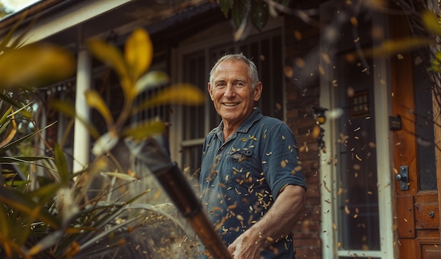 Free photo portrait of modern man performing housework in a gentle and dreamy atmosphere