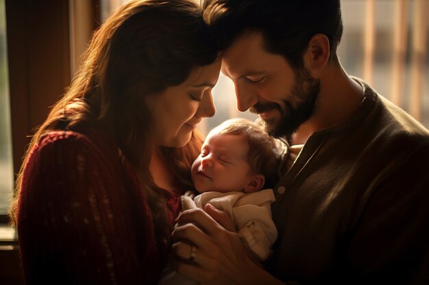 Portrait of mother and father with newborn baby