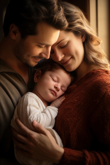 Portrait of mother and father with newborn baby