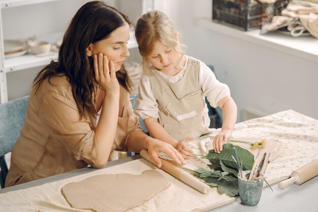 Portrait of mother and little girl shaping clay together