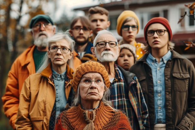 Portrait of multi-generational family sharing a house due to unaffordable price increase in the housing market