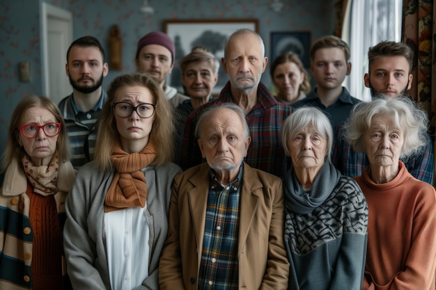 Portrait of multi-generational family sharing a house due to unaffordable price increase in the housing market