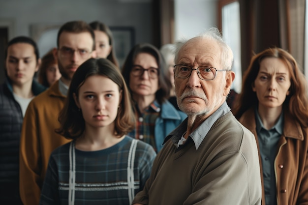 Portrait of multi-generational family sharing a house due to unaffordable price increase in the housing market