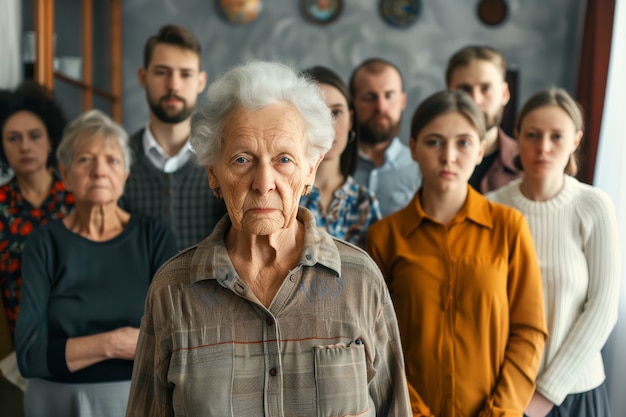 Portrait of multi-generational family sharing a house due to unaffordable price increase in the housing market