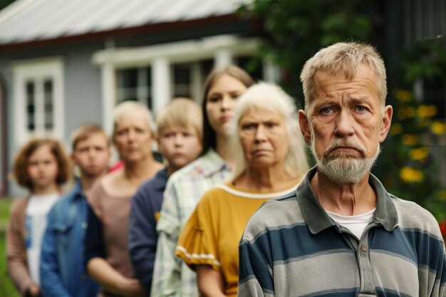 Portrait of multi-generational family sharing a house due to unaffordable price increase in the housing market