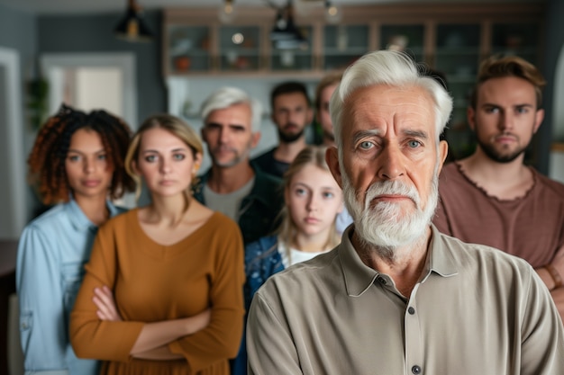 Portrait of multi-generational family sharing a house due to unaffordable price increase in the housing market