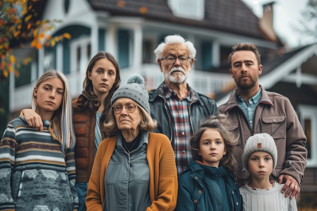 Portrait of multi-generational family sharing a house due to unaffordable price increase in the housing market