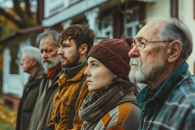 Portrait of multi-generational family sharing a house due to unaffordable price increase in the housing market