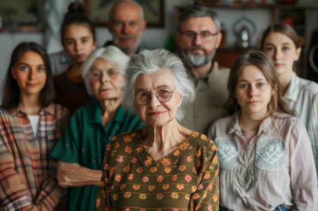 Portrait of multi-generational family sharing a house due to unaffordable price increase in the housing market