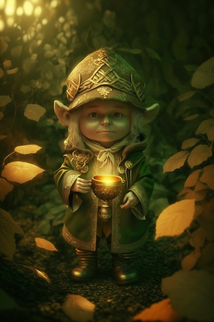 Portrait of mystical leprechaun character surrounded by nature and vegetation