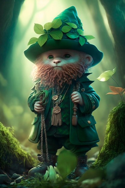 Portrait of mystical leprechaun character surrounded by nature and vegetation