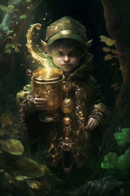 Free photo portrait of mystical leprechaun character surrounded by nature and vegetation