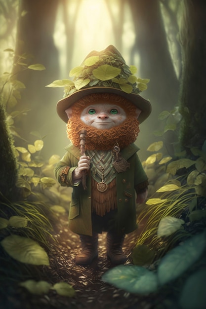 Portrait of mystical leprechaun character surrounded by nature and vegetation