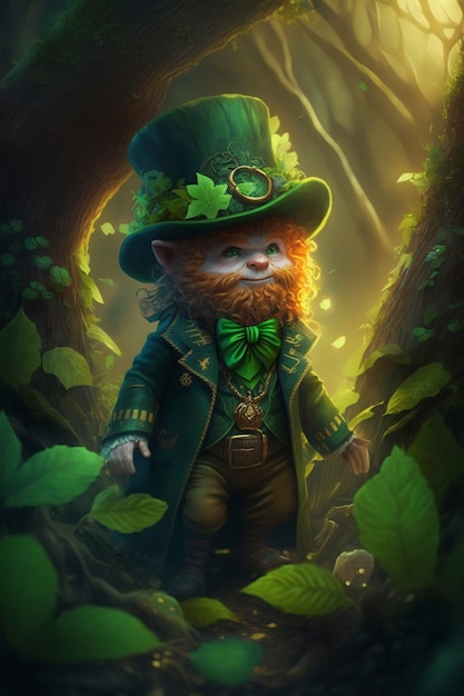 Portrait of mystical leprechaun character surrounded by nature and vegetation