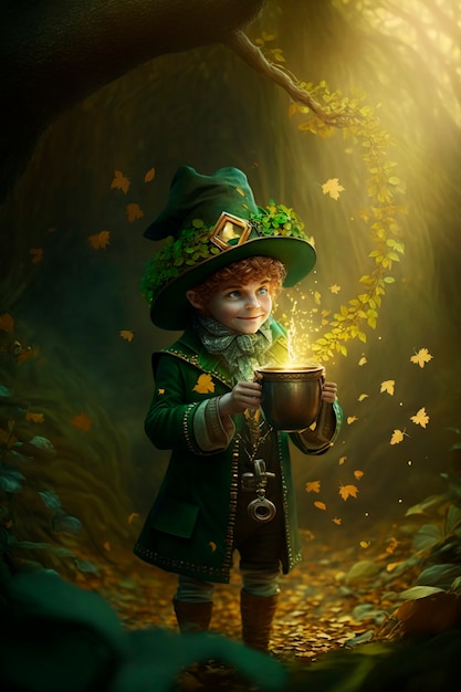 Portrait of mystical leprechaun character surrounded by nature and vegetation