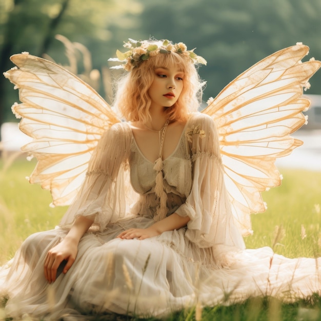 Portrait of mythical fairy woman with wings