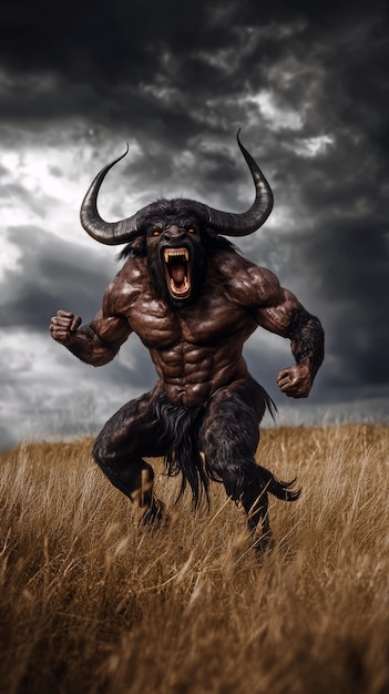 Free photo portrait of mythological minotaur during storm