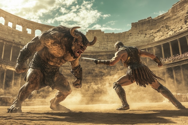 Free Photo portrait of mythological minotaur fighting human