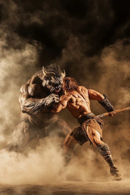 Free Photo portrait of mythological minotaur fighting human