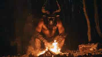 Free photo portrait of mythological minotaur near fire