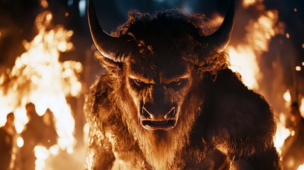 Free photo portrait of mythological minotaur near fire