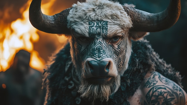 Free photo portrait of mythological minotaur near fire