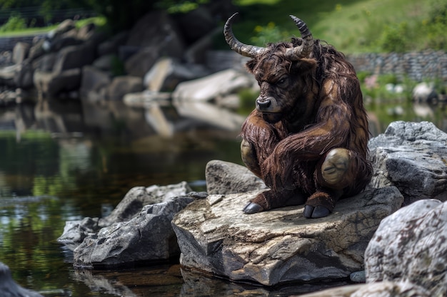 Free photo portrait of mythological minotaur near lake