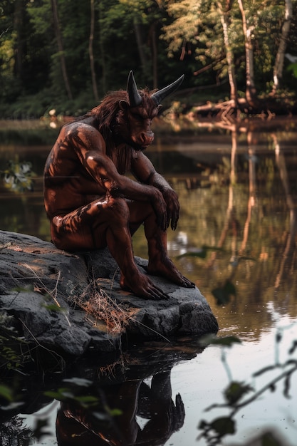 Free photo portrait of mythological minotaur near lake