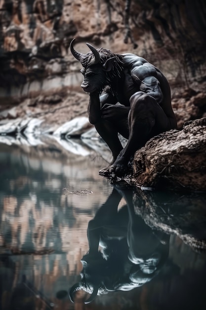 Free Photo portrait of mythological minotaur near lake