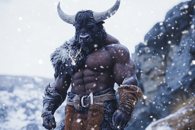 Free Photo portrait of mythological minotaur during winter