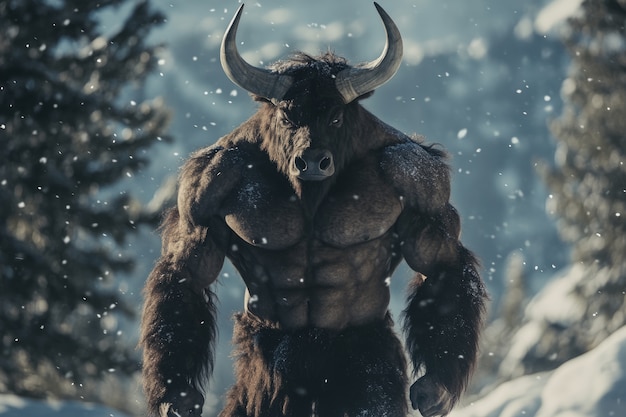 Free Photo portrait of mythological minotaur during winter