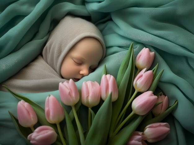 Portrait of newborn baby with flowers