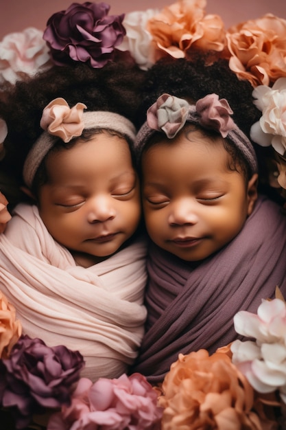 Portrait of newborn baby with flowers