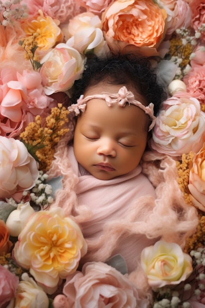 Portrait of newborn baby with flowers