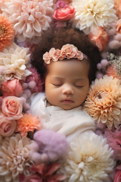 Portrait of newborn baby with flowers